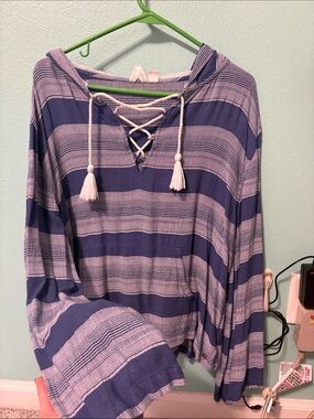 Roxy blue and white Striped Lace-Up Hoodie Top